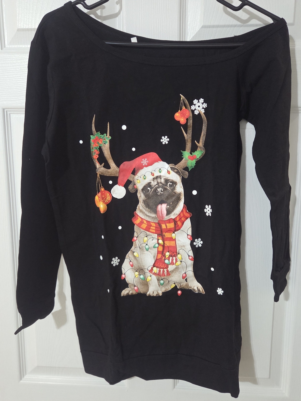 New Women's Black Holiday Pug Long-Sleeve Off The Shoulder Shirt, Size Medium